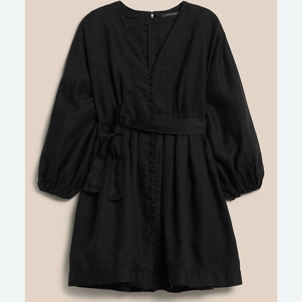 Banana Republic Puff Sleeve Linen & Cotton Black Mini Dress in XS Petite